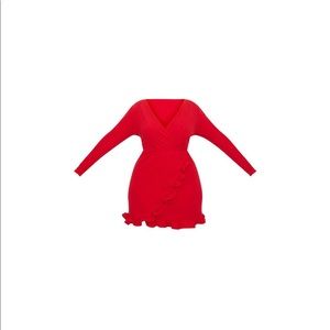 Red Faux Wrap Ruffle Dress
